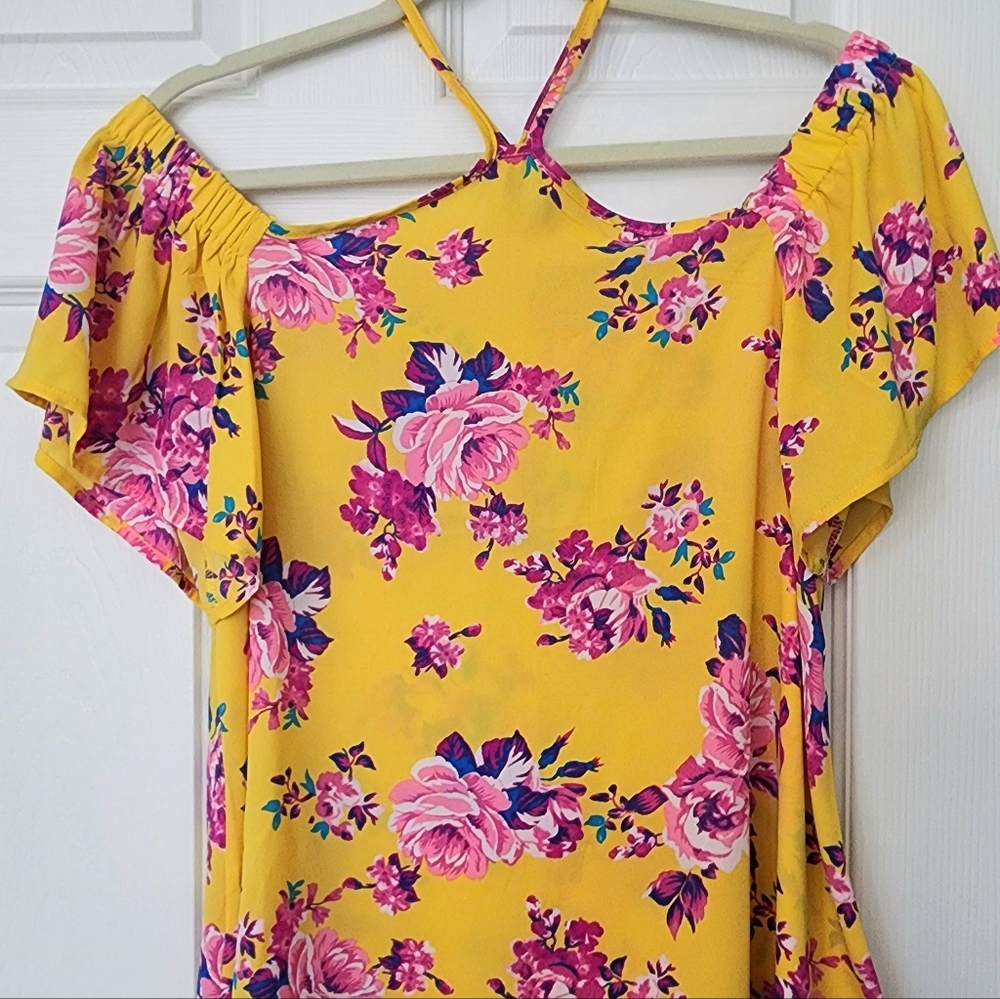 Ladies yellow and pink cold shoulder blouse